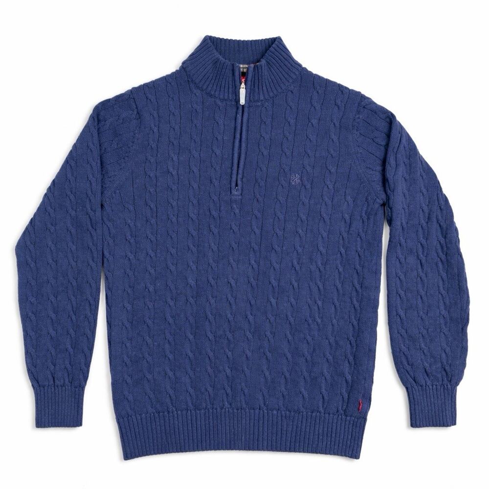 IZOD Men’s Medium Blue Cable Knit 1/4 Zip Sweater 100% Cotton Retro Preppy Golf
